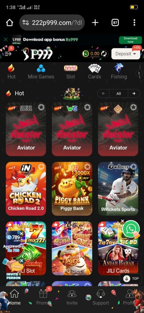 P999 Game home interface showing the main dashboard, game categories, wallet balance, and navigation options for players in Pakistan.