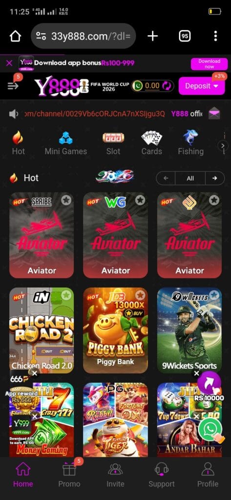 Y555 Game home interface showing slots, crash games, wallet, bonuses, and navigation menu