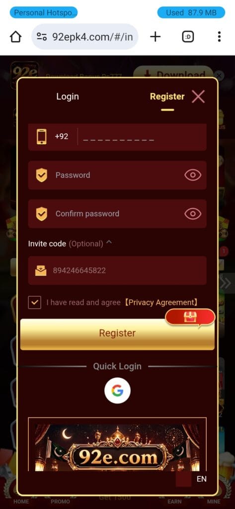 92E Game registration page showing the sign-up form, mobile number verification, referral code field, and account creation process