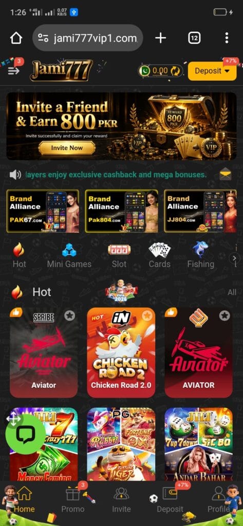 JAMI777 Game home dashboard showing login, wallet balance, and game categories
