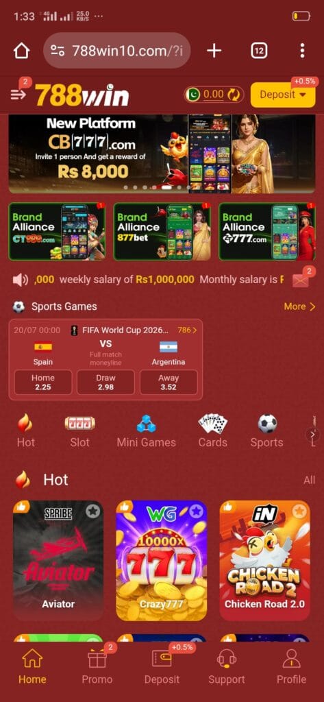 788Win Game home screen showing the main dashboard, game categories, wallet balance, and quick navigation options