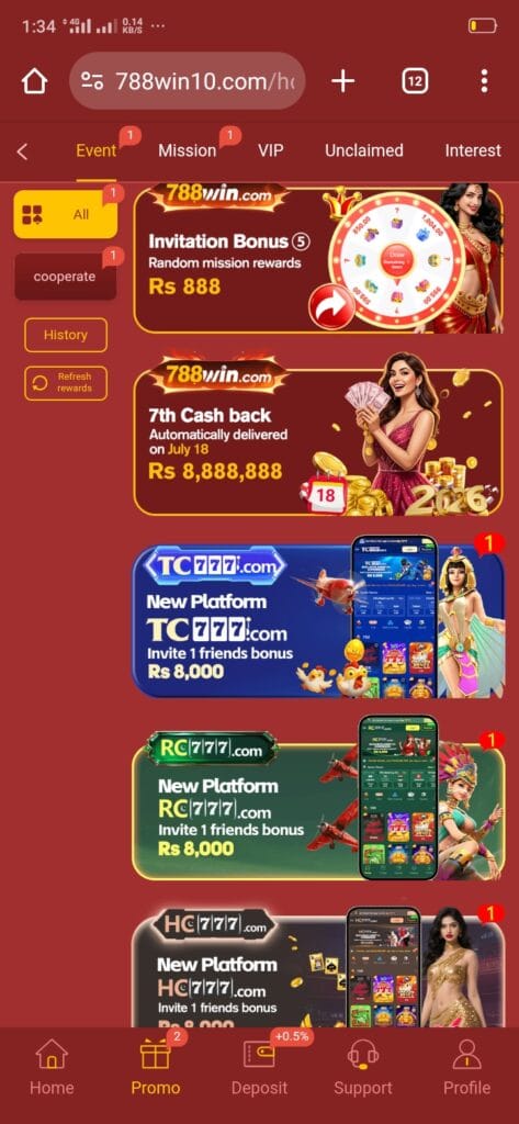 788Win Game bonuses and rewards section displaying welcome bonus, daily rewards, and promotional offers