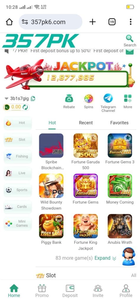 357PK Game home screen showing the main dashboard, game categories, and bonus offers for Pakistani players