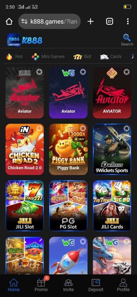 K888 Game home screen dashboard showing popular games, wallet balance, and navigation menu