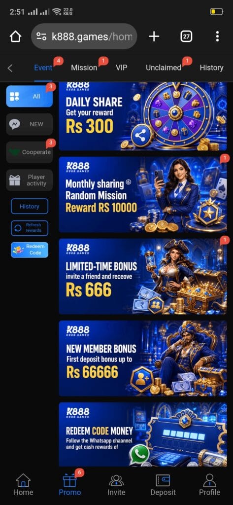 K888 Game bonuses and rewards page with welcome bonus, daily rewards, and referral commission offers