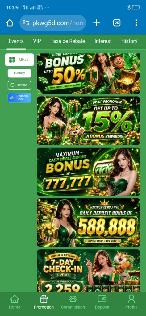 PKWG5D Game bonuses and rewards page with welcome bonus and daily rewards