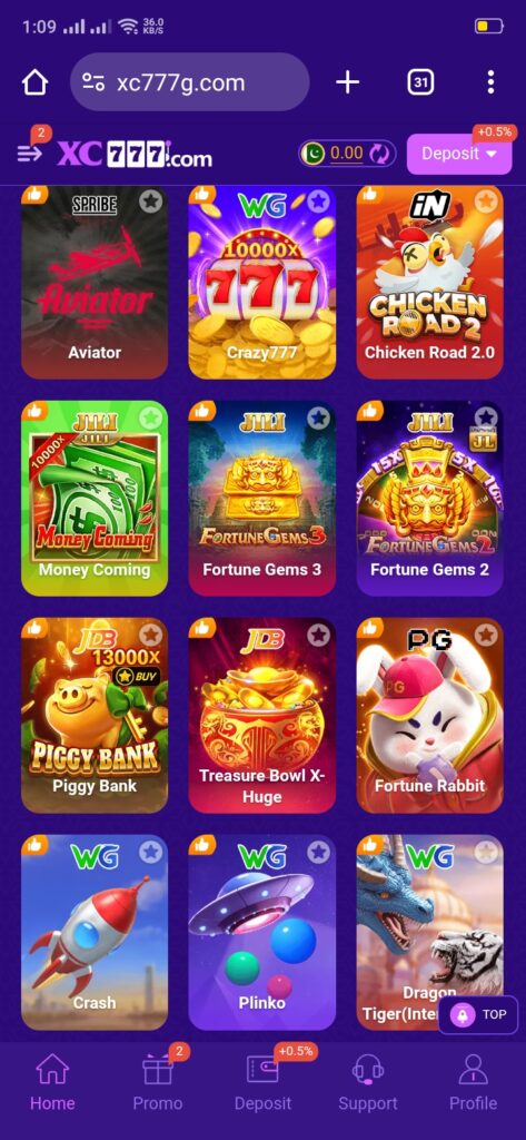 XC777 Game home screen overview showing the main dashboard, featured games, account options, and user interface