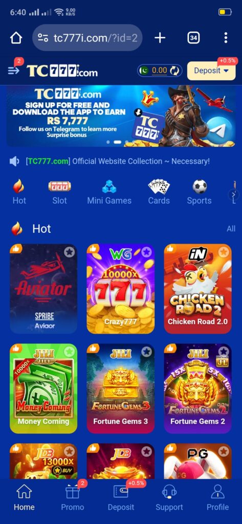 TC777 Game home screen showing the main dashboard, game categories, wallet, and navigation menu in the latest Android app