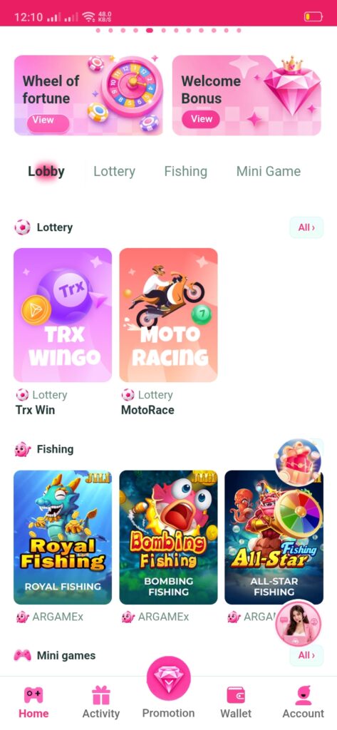 ZentroWin Game home screen showing the user dashboard, game categories, wallet balance, quick navigation menu, and featured games in the latest Android app.