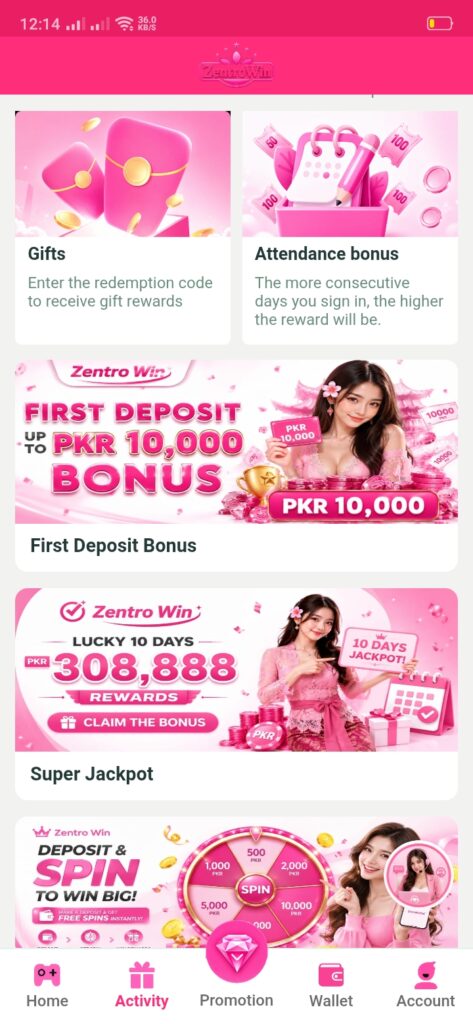 ZentroWin Game bonuses and rewards page displaying welcome bonus, daily rewards, referral program, cashback offers, VIP benefits, and promotional campaigns.