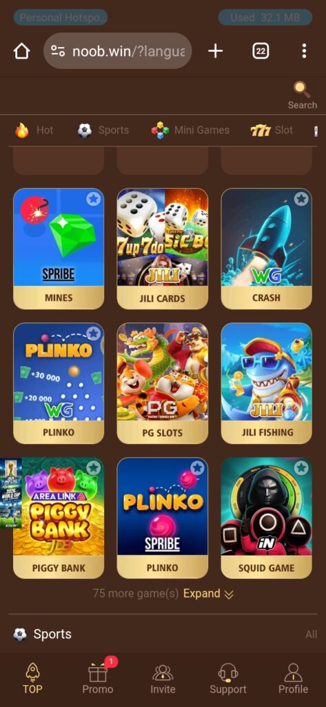 : Inside the Noob Win Game dashboard showing game modes, wallet balance, VIP tiers, and user account features on the Android app.