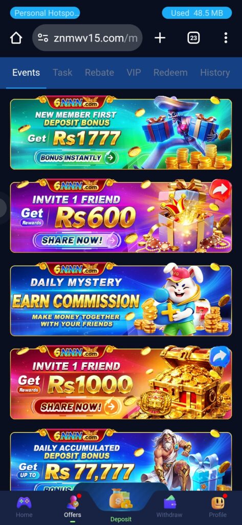6NNN Game rewards page featuring referral bonuses, VIP levels, promotional offers, daily rewards, welcome bonus, and exclusive member benefits