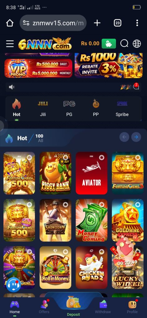 6NNN Game home screen showing dashboard with wallet balance, deposit, withdrawal, and game categories