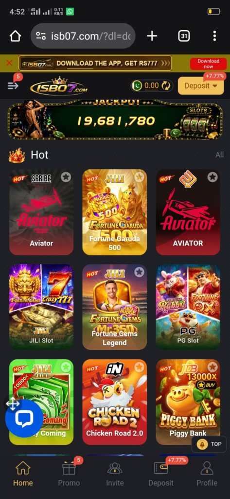 ISB07 Game home screen showing dashboard, wallet balance, Aviator and slot games