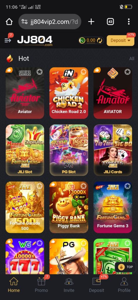 JJ804 Game home screen showing the gaming dashboard, wallet balance, game categories, and quick login options on Android